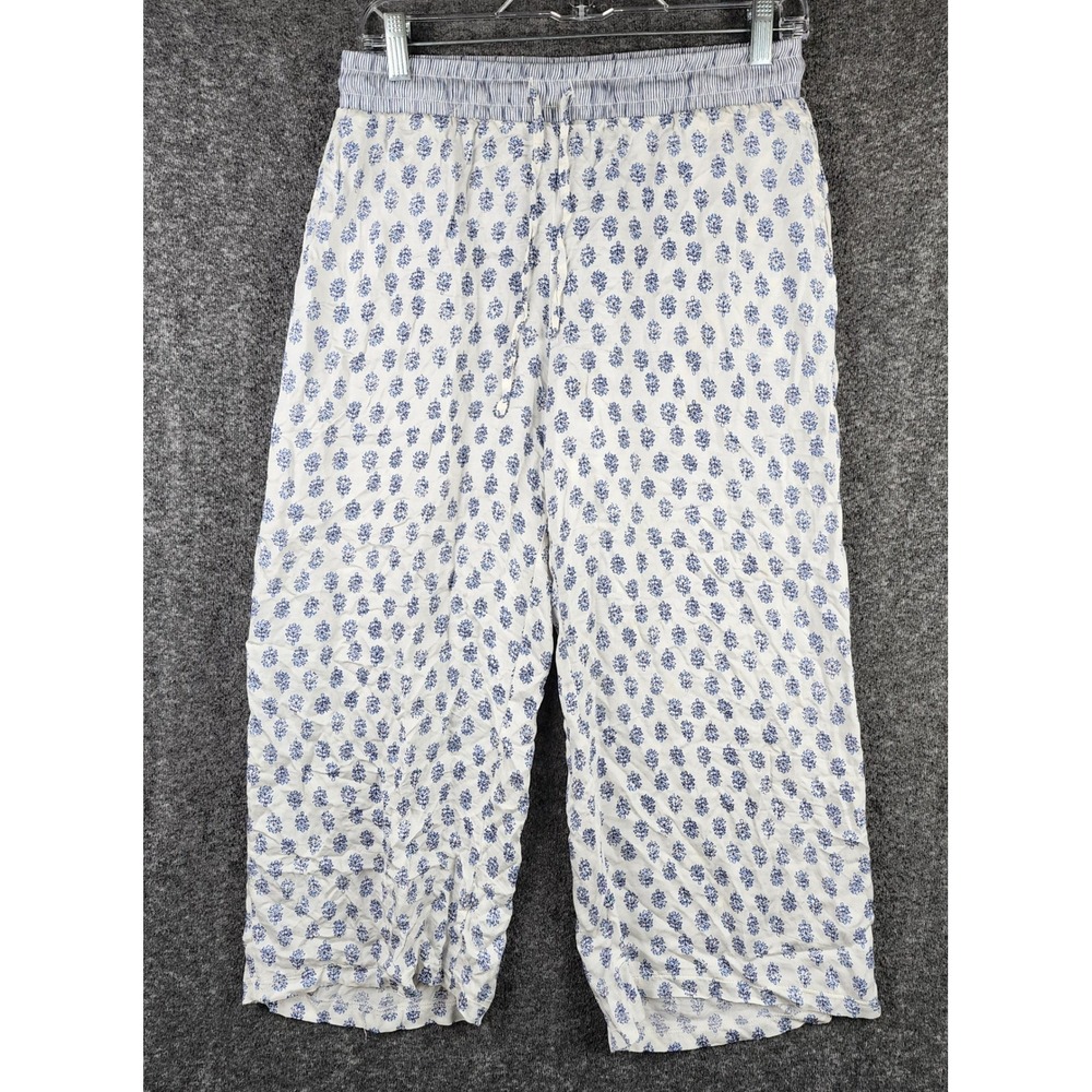 Tahari Pants Womens S Blue White Floral Viscose Wide Leg Cropped Drawstring EUC